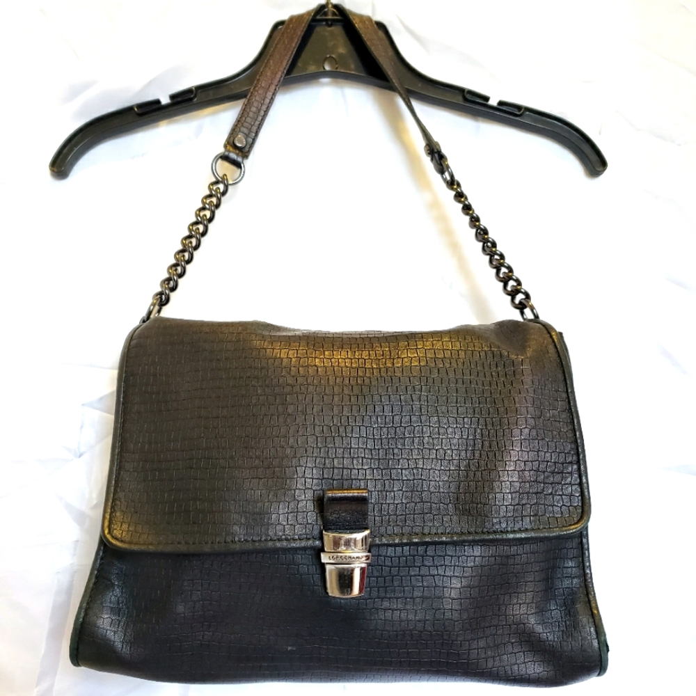 RARE Vintage Longchamp Paris Women's Croc Embossed Leather Shoulder Bag